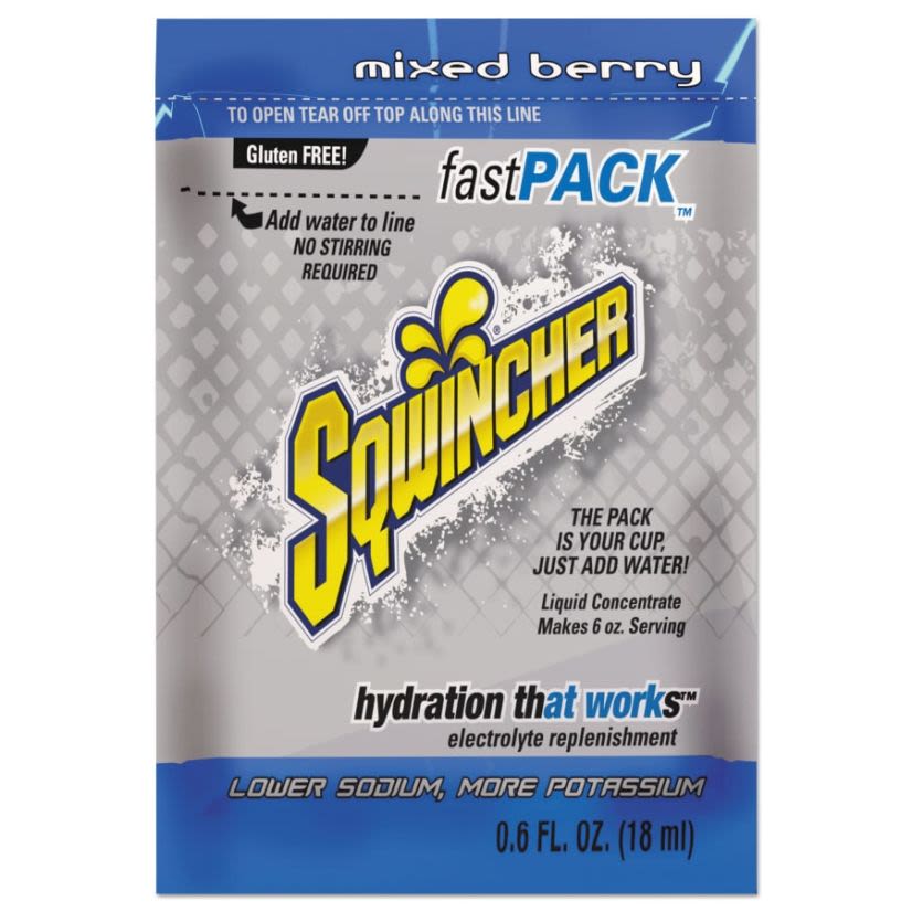 Sqwincher 015300-MB Fast Pack Sports Drink Mix, 0.6 oz Pack, 6 oz Yield, Liquid Form, Mixed Berry